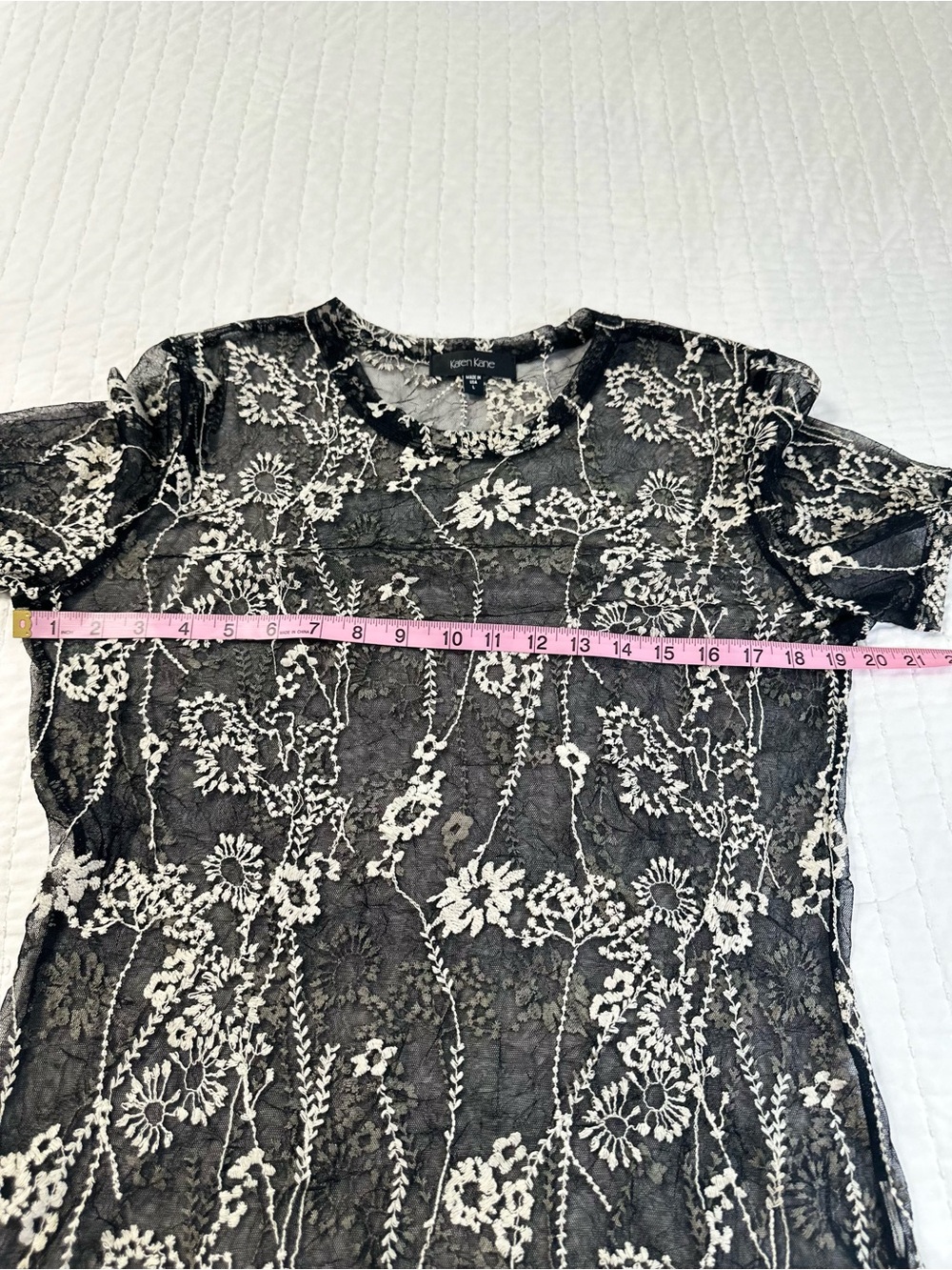 Karen Kane Women’s L Sheer Mesh Black/Cream Embroidered Short Sleeve Top Boho - Picture 6 of 11